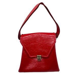 BELL Vtg 60/70s MOD GoGo Red Vinyl Purse Double Strap Brass Twist Lock 3 Section